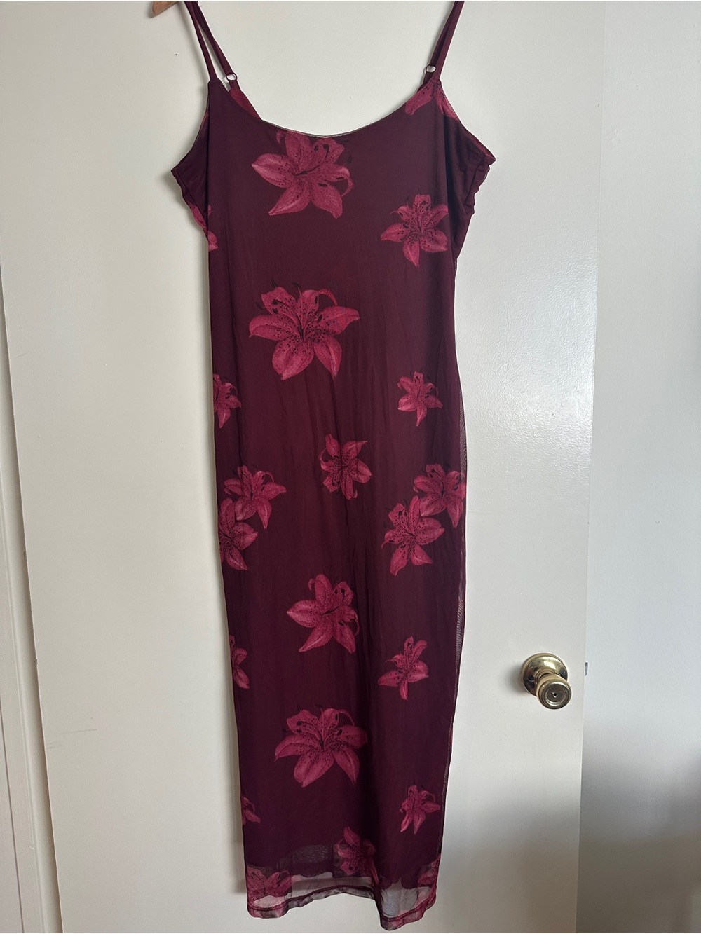 Vibe Burgundy Slip Midi Dress with Pink Floral Print